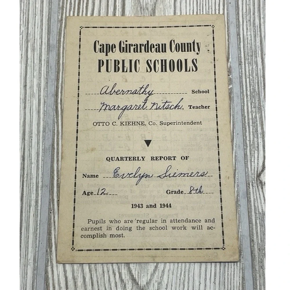 8th Grade Report Card VTG 1943-44 Ephemera Cape Girardeau County MO Handwritten
